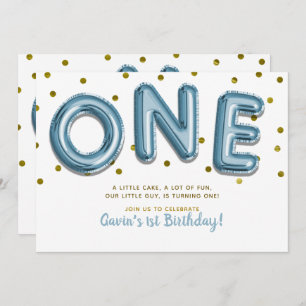 Blue Balloons Gold Confetti ONE 1st Birthday Party Invitation