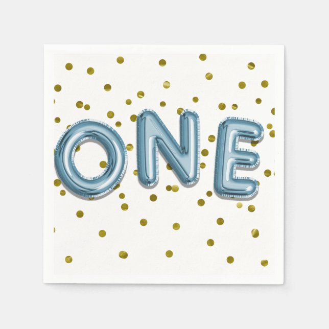 Blue Balloons Gold Confetti ONE 1st Birthday Party Napkin (Front)