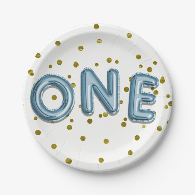 Blue Balloons Gold Confetti ONE 1st Birthday Party Paper Plate (Front)