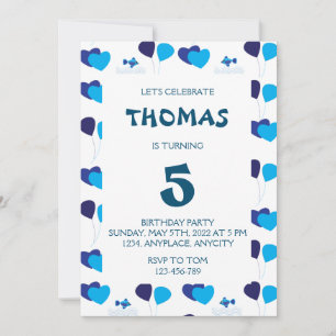 Blue Balloons Hearts Boy Kids Birthday Party  Invitation