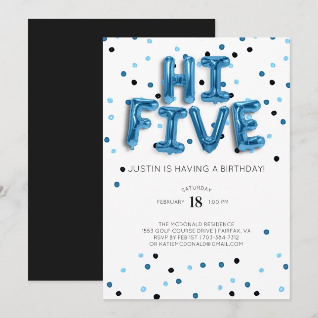 Blue Balloons | Hi Five 5th Birthday Invitation (Front/Back)