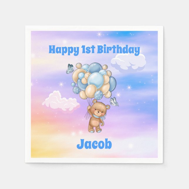 Blue Balloons Teddy Bear 1st Birthday Napkin (Front)