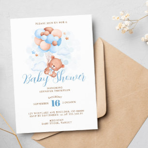 Blue Balloons Teddy Bear Baby Shower Invitation
