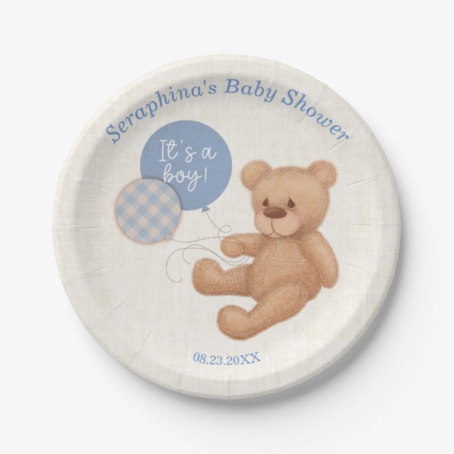 Blue Balloons Teddy Bear Baby Shower Paper Plates (Front)