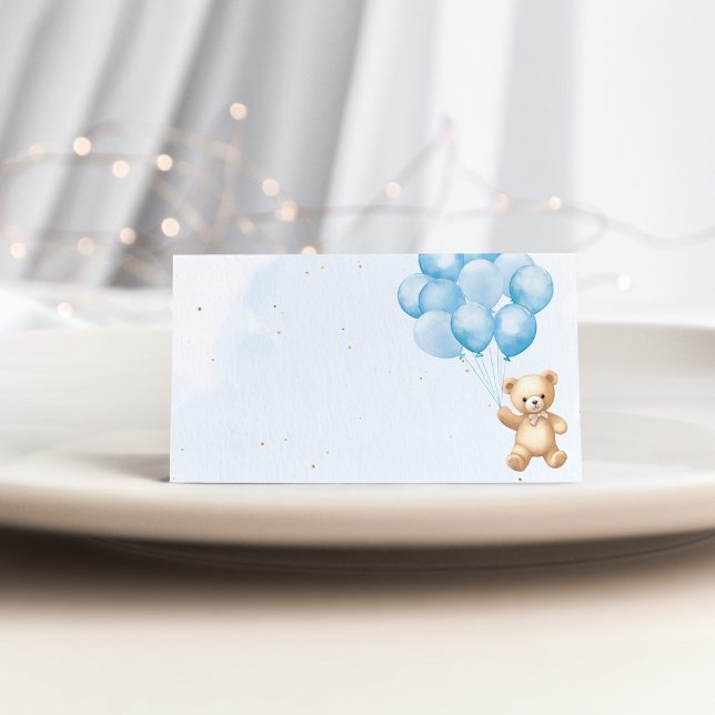 Blue balloons teddy bear baby shower place card (Creator Uploaded)