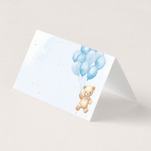 Blue balloons teddy bear baby shower place cards