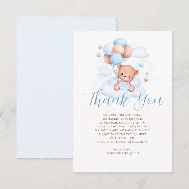 Blue Balloons Teddy Bear Baby Shower  Thank You Card (Front/Back)