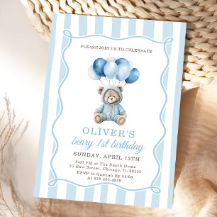 Blue Balloons Teddy Bear Birthday Invitation 