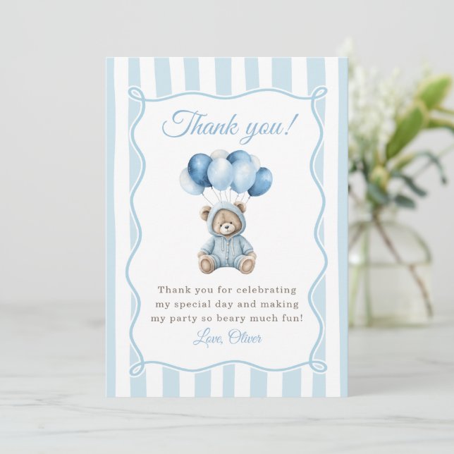 Blue Balloons Teddy Bear Birthday Thank You Card (Standing Front)