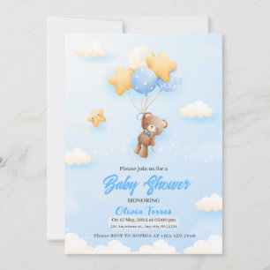blue Balloons,Teddy Bear Boy baby Shower Invitation