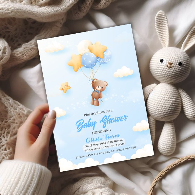 blue Balloons,Teddy Bear Boy baby Shower Invitation (Creator Uploaded)