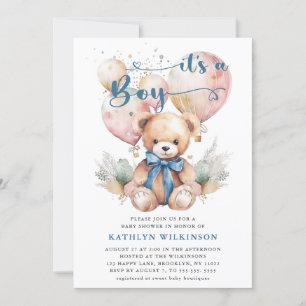 Blue Balloons Teddy Bear Cute Boy Baby Shower  Invitation
