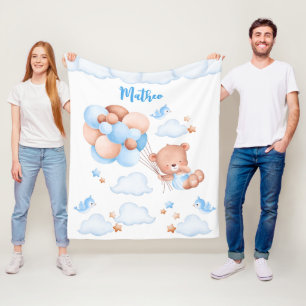 Blue balloons teddy bear in the clouds custom name fleece blanket