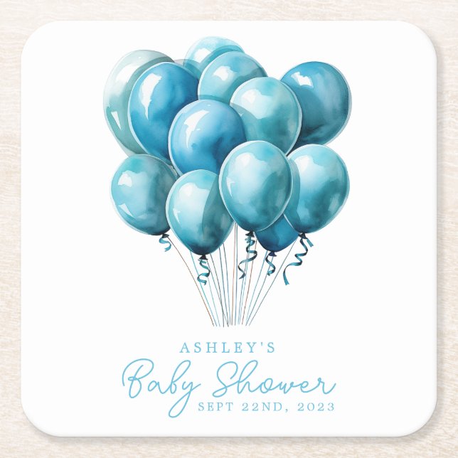 Blue Balloons Watercolor Boy Baby Shower Square Paper Coaster (Front)