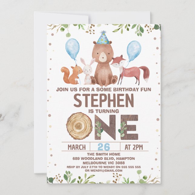 Blue Balloons Woodland Animals 1st Birthday Invitation (Front)