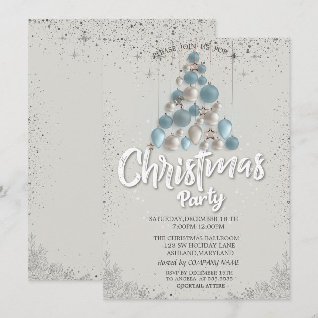 Blue Balls Stars Confetti Christmas Company Invitation (Front/Back)