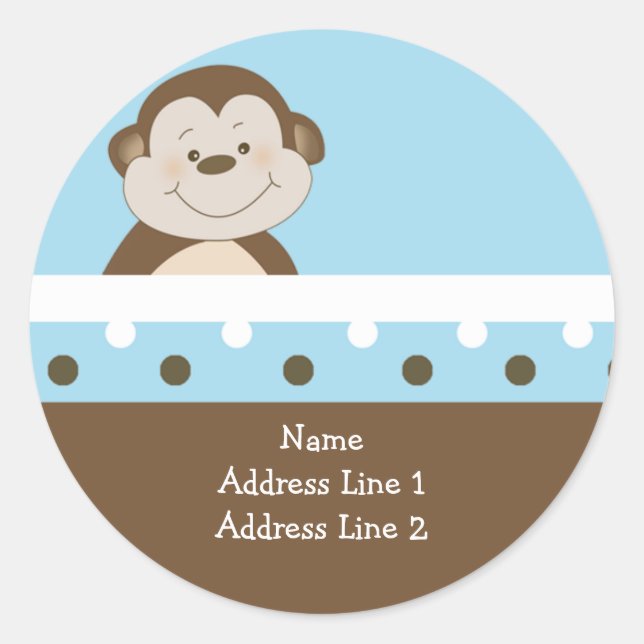 Blue Bambino Monkey Round Address Labels (Front)
