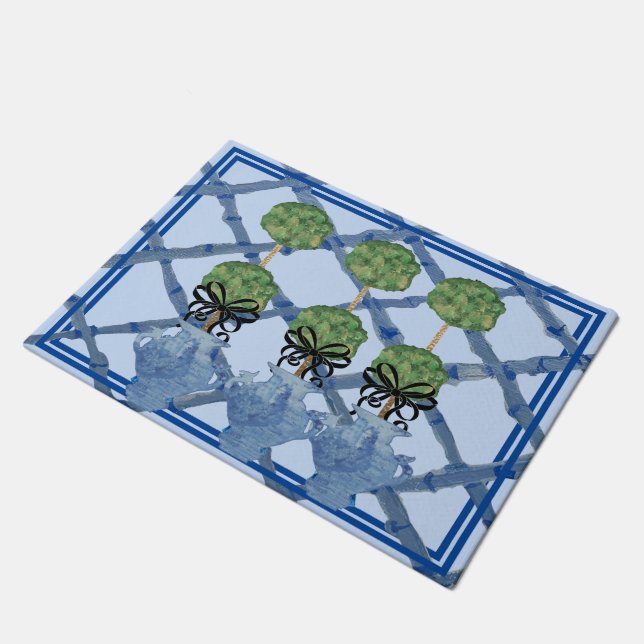 Blue Bamboo Chinoiserie Ginger Jar Doormat Rug  (Angled)
