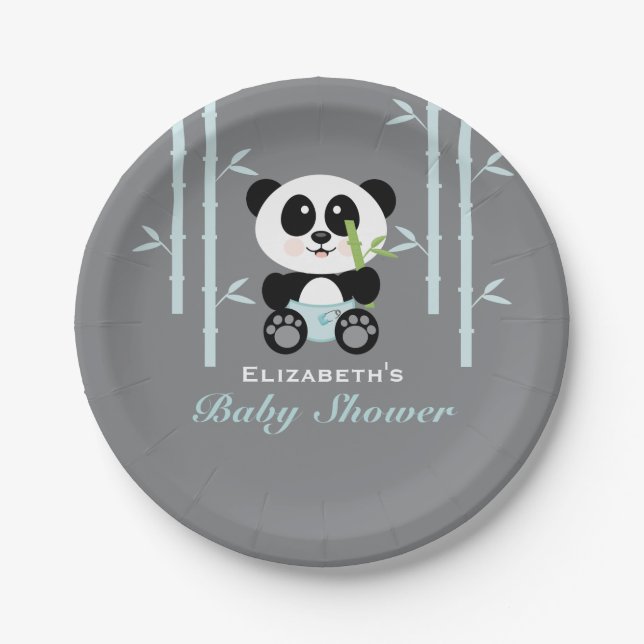 Blue Bamboo Panda Baby Shower Paper Plate (Front)