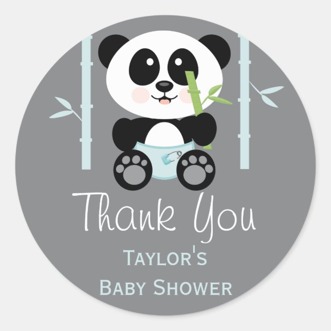 Blue Bamboo Panda Baby Shower Round Thank You Classic Round Sticker (Front)