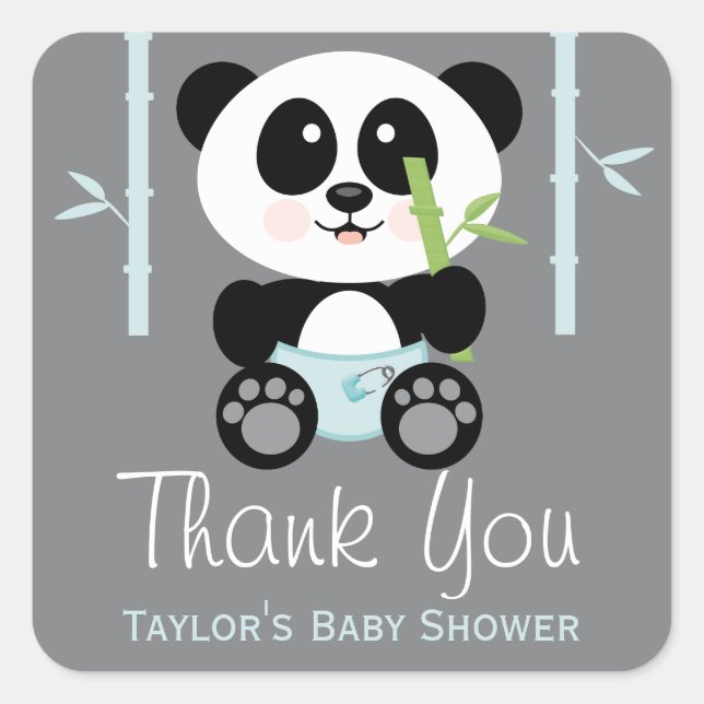 Blue Bamboo Panda Baby Shower Thank You Stickers (Front)