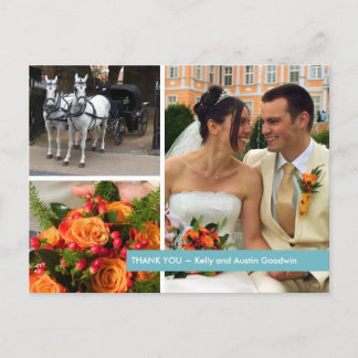 Blue band modern 3 photo montage thank you note postcard