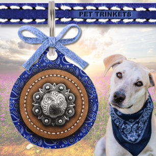 Blue Bandanna Leather and Western Concho Rustic Pet Tag