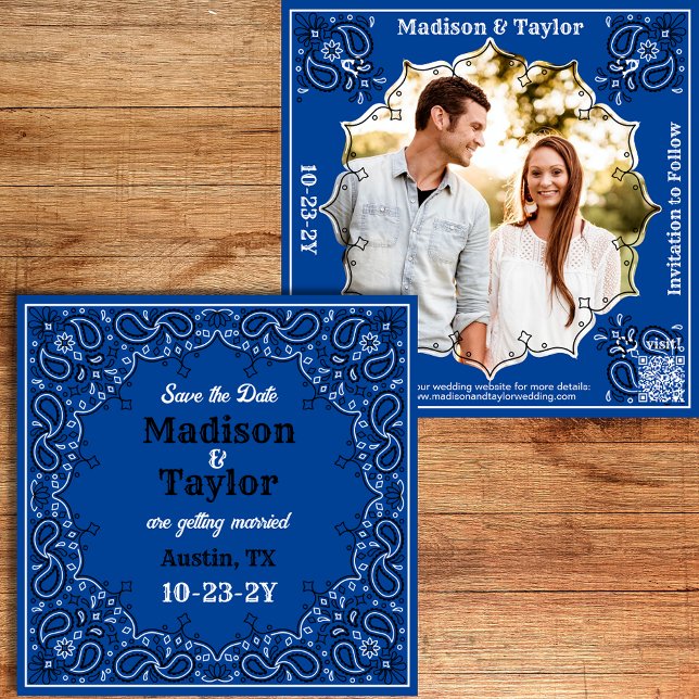 Blue Bandanna Photo Flat Save The Date Card (Classic blue bandana Save the Date with your photo and a QR code.)