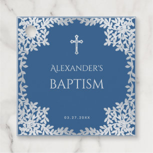 Blue Baptism Boy Faux Silver Leaves Cross Elegant Favour Tags