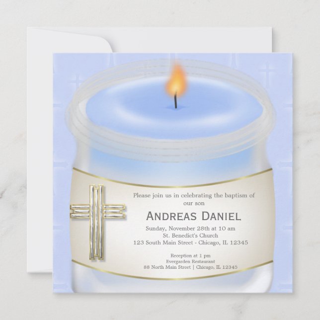Blue Baptism Candle Invitation (Front)