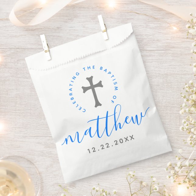 Blue Baptism Christening Naming Cross Favour Bags (Clipped)