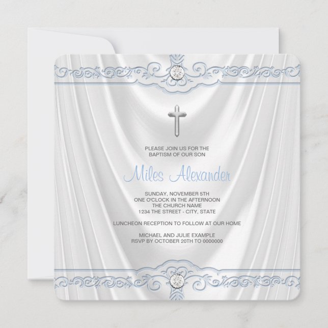 Blue Baptism Christening White Satin Invitation (Front)
