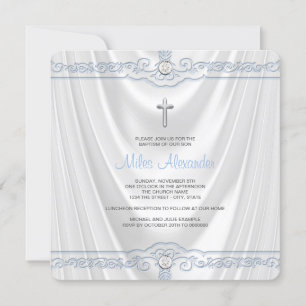 Blue Baptism Christening White Satin Invitation