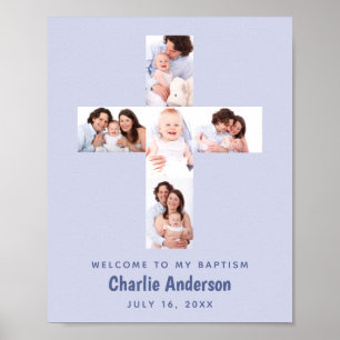 Blue Baptism Cross 5 Photo Collage Boy Christening Poster