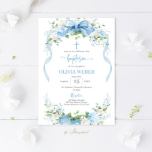 Blue Baptism Floral Christening Girl Invitation