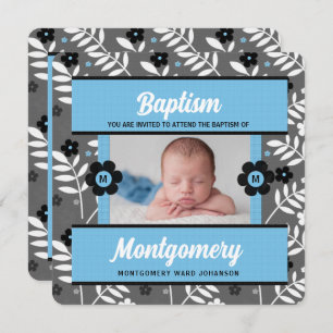 Blue Baptism for Baby Boy Monogram and Photo Invitation