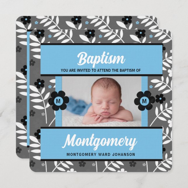 Blue Baptism for Baby Boy Monogram and Photo Invitation (Front/Back)