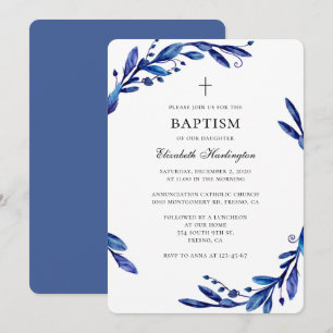 Blue baptism invitation. Watercolor botanical Invitation