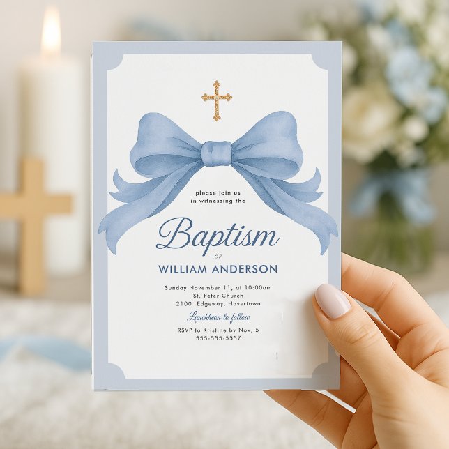 Blue Baptism Invitation with Cross and Bow (Classic blue baptism invitation with elegant bow and soft pastel accents.)