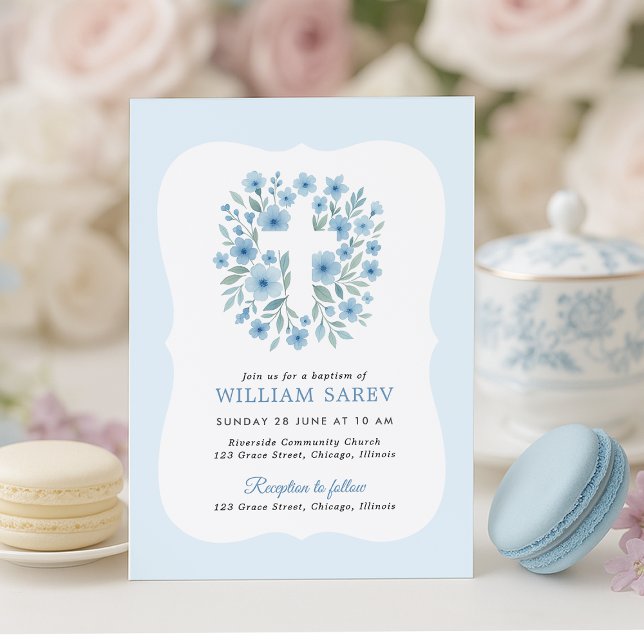 Blue Baptism Invite with Curved Frame Design (Elegant blue floral cross baptism invitation for baby boy – customizable template)