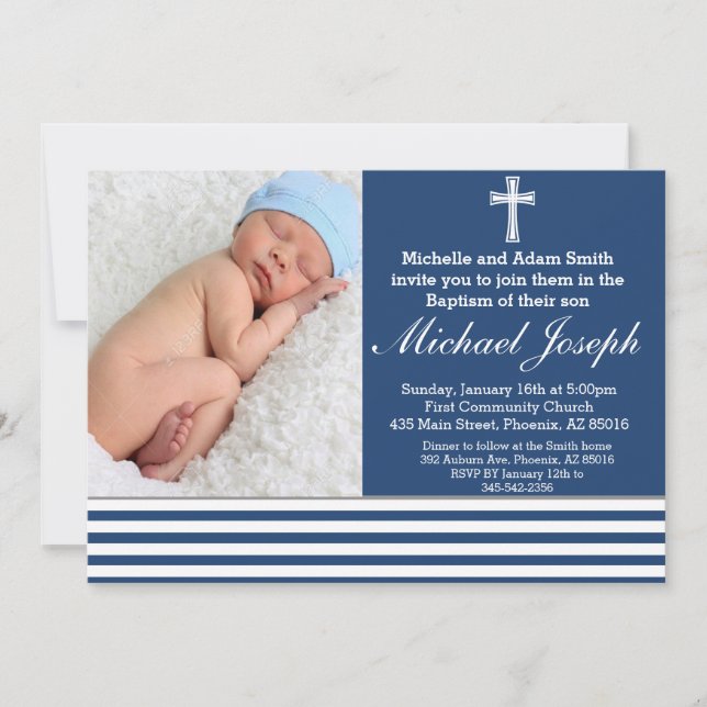 Blue Baptism Religious White Boy Baptise Cross Invitation (Front)