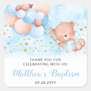 Blue Baptism Teddy Bear Thank You Baptism Favours  Square Sticker
