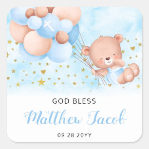 Blue Baptism Teddy Bear Thank You Baptism Favours Square Sticker