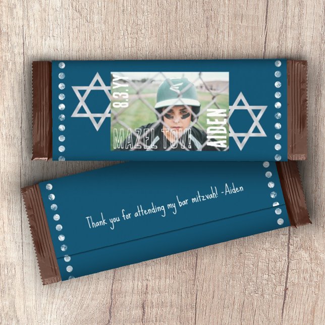 Blue Bar Mitzvah Budget Candy Bar Wrapper w/Stars (DIY Budget Personalized Blue Bar Mitzvah Candy Bar Wrapper with Photo, Stars of David)
