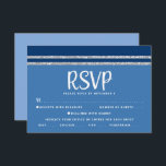 Blue Bar Mitzvah Silver Tallit Script Bold Modern RSVP Card<br><div class="desc">Be proud, rejoice and celebrate this milestone of your favourite Bar Mitzvah with this cool, unique, modern, personalised RSVP insert card for your event! Bold, white script typography and a navy blue and silver glitter striped tallit inspired graphic overlay a simple, cornflower blue background. Personalise the custom text with the...</div>