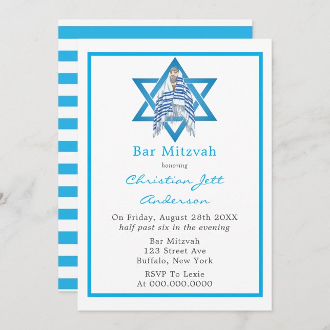 Blue Bar Mitzvah Star Of David Invitation (Front/Back)