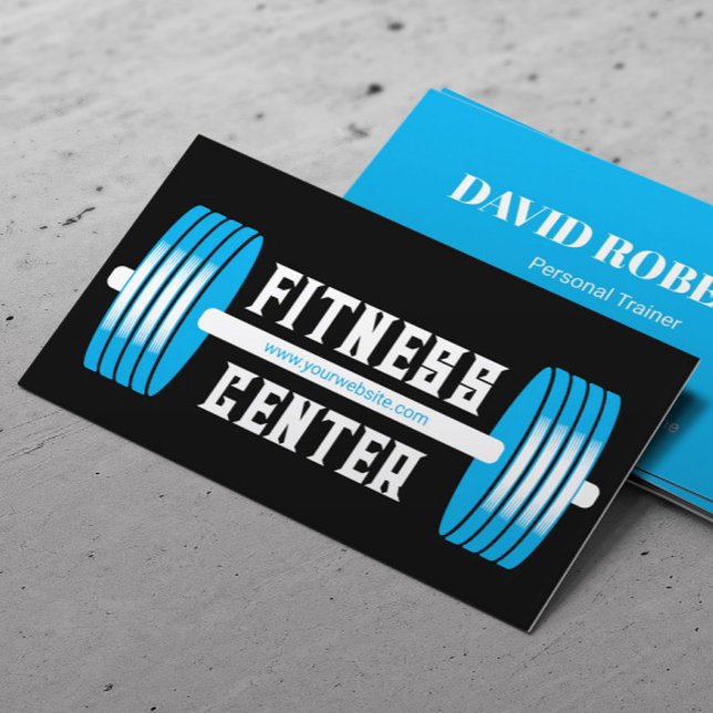 Blue Barbells Personal Trainer Black Fitness Business Card (Creator Uploaded)