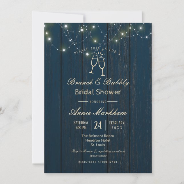 Blue Barn Board String Light Bubbly Shower Invitation (Front)