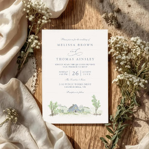 Blue Barn Countryside Rustic QR Code Wedding Invitation