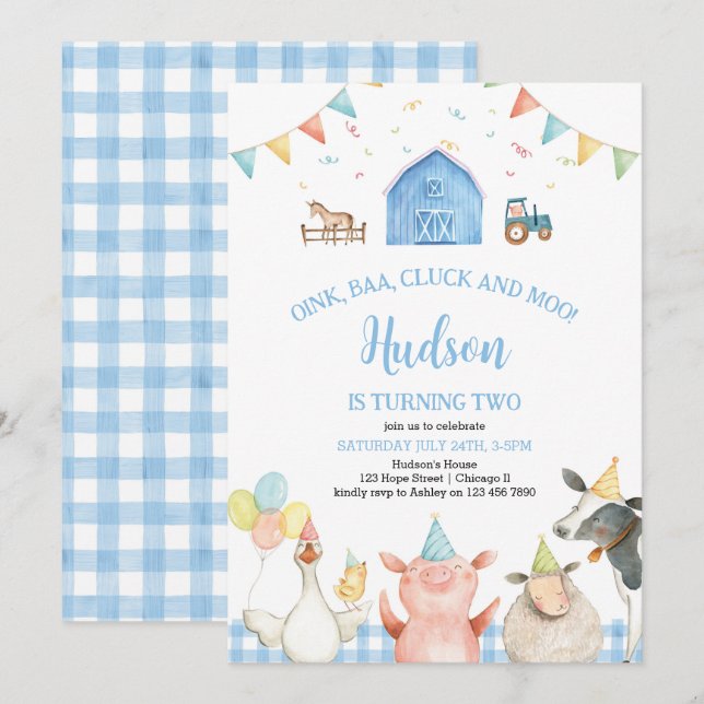 Blue Barn Farm Animals Barnyard Boy 2nd Birthday   Invitation (Front/Back)